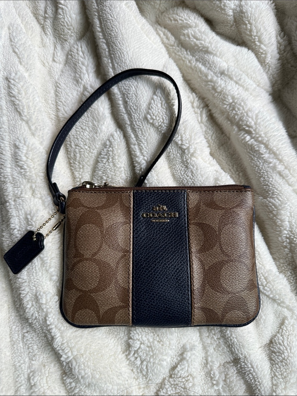 Coach Brown Signature Canvas Wristlet with Dark Navy Center Stripe